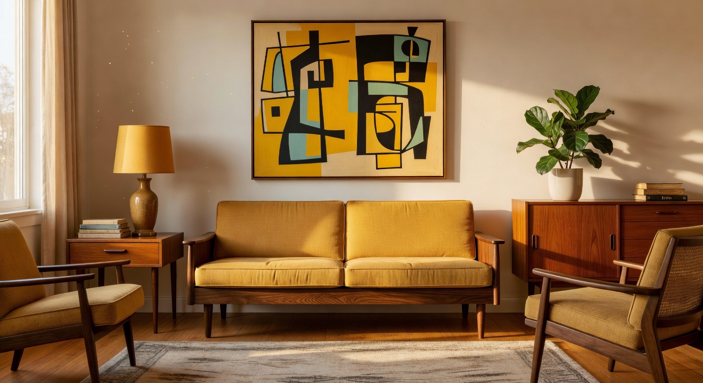 Sofá de nogal mid-century en tono mostaza, artesanía europea