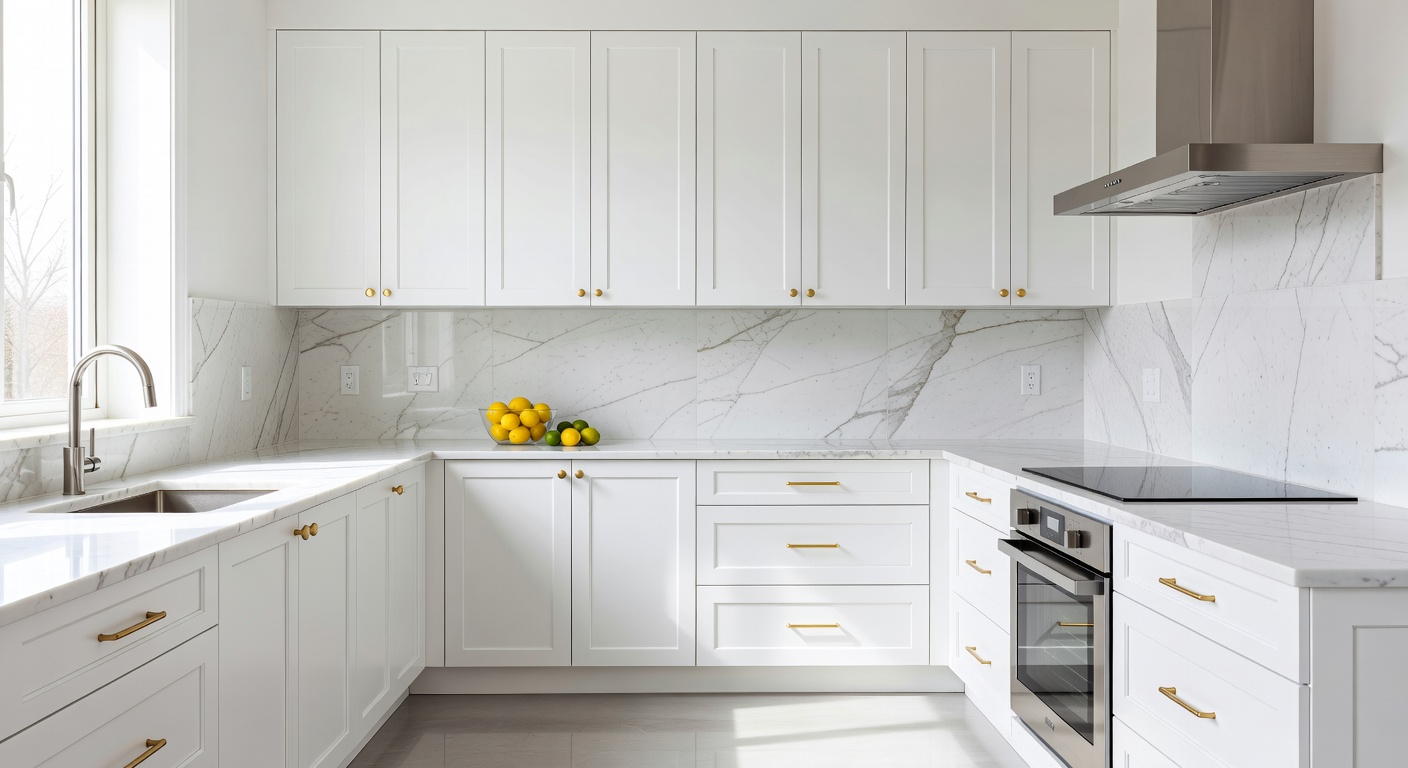 Cocina moderna con armarios blancos y herrajes dorados